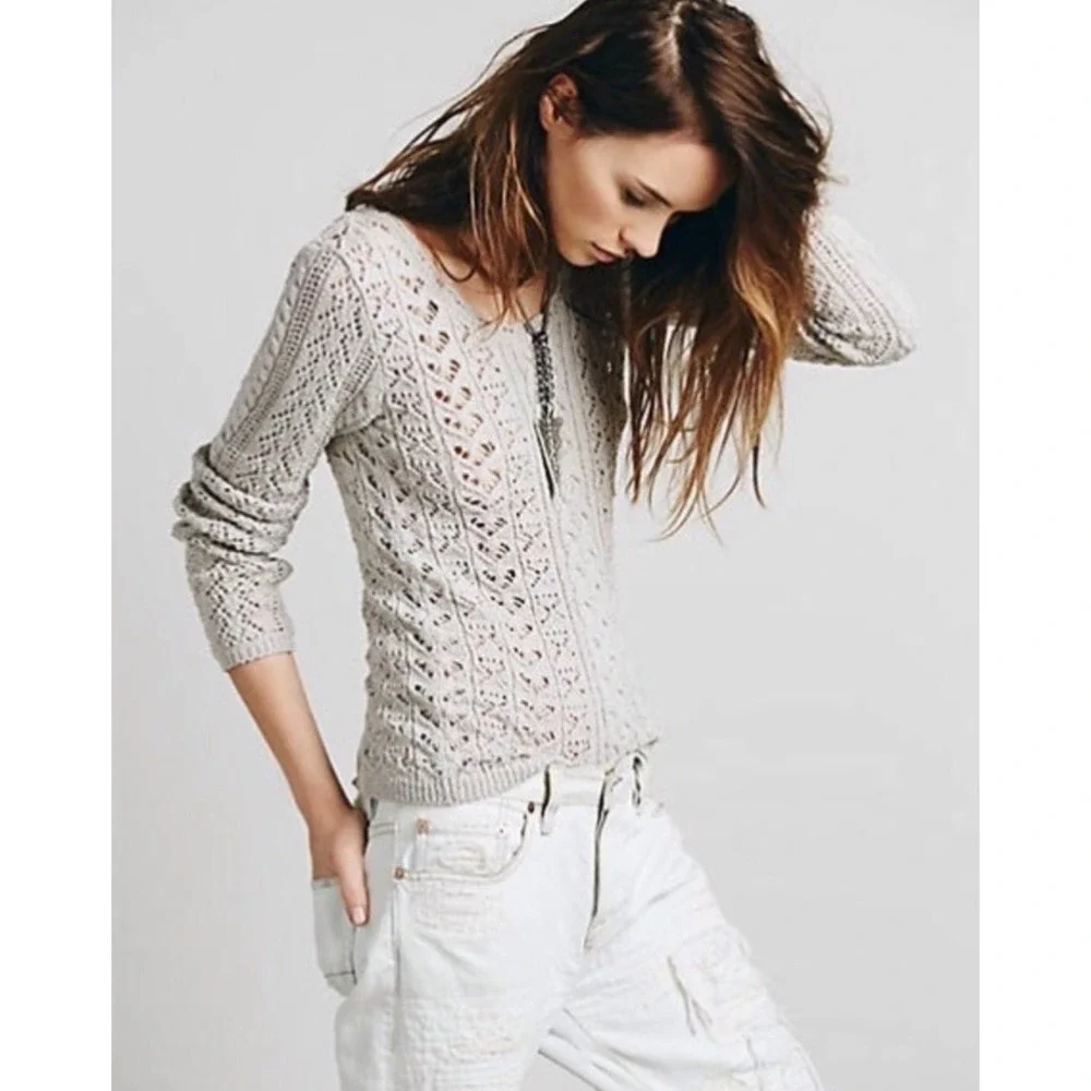 Free People Y2K Cable Knit Open Tie Back Sweater Beige Size S Coastal Bohemian